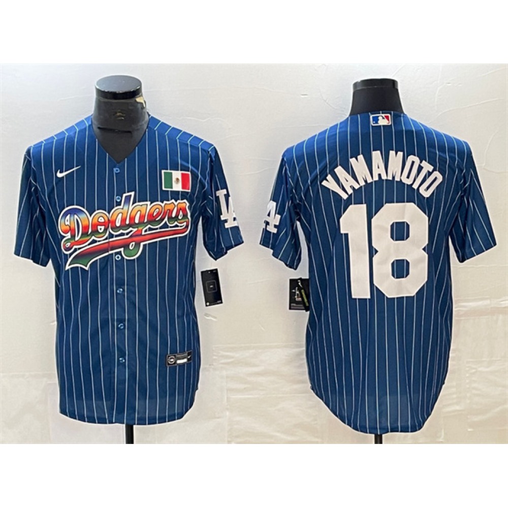 Men's Los Angeles Dodgers #18 Yoshinobu Yamamoto Navy Cool Base With Patch Stitched Baseball Jersey 1