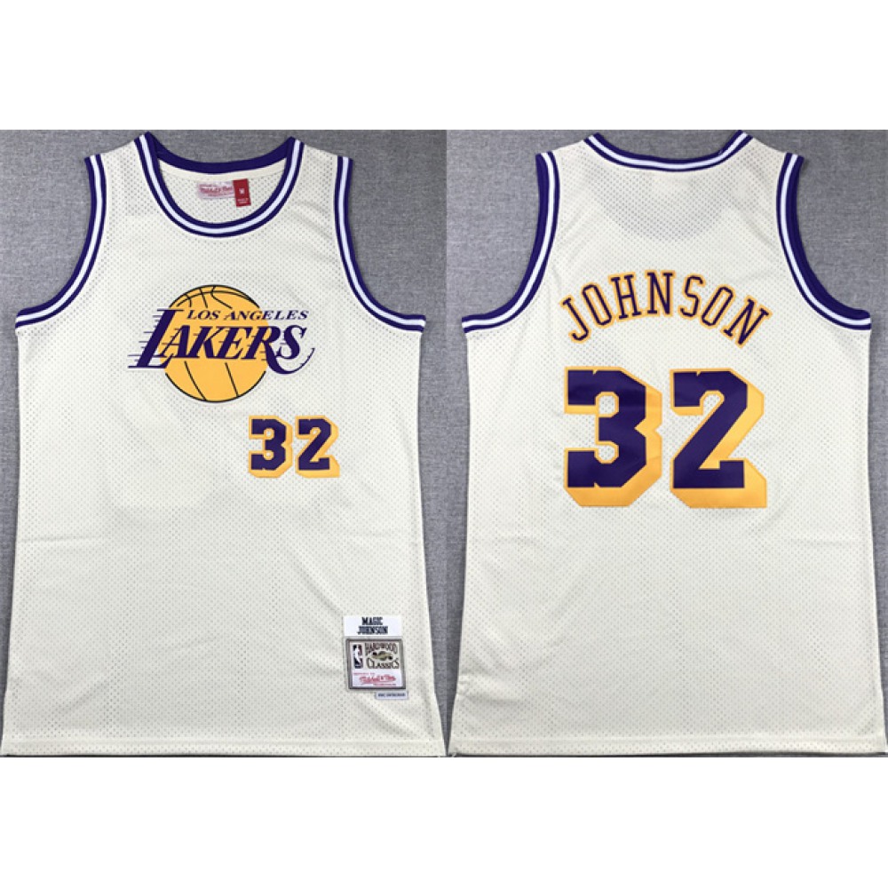 Men's Los Angeles Lakers #32 Magic Johnson White Throwback basketball Jersey 1