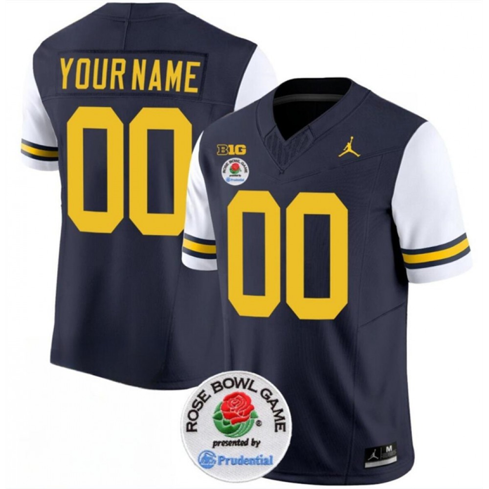 Men's Michigan Wolverines ACTIVE PLAYER Custom 2023 F.U.S.E. Navy/White Rose Bowl Patch Stitched Jersey 1