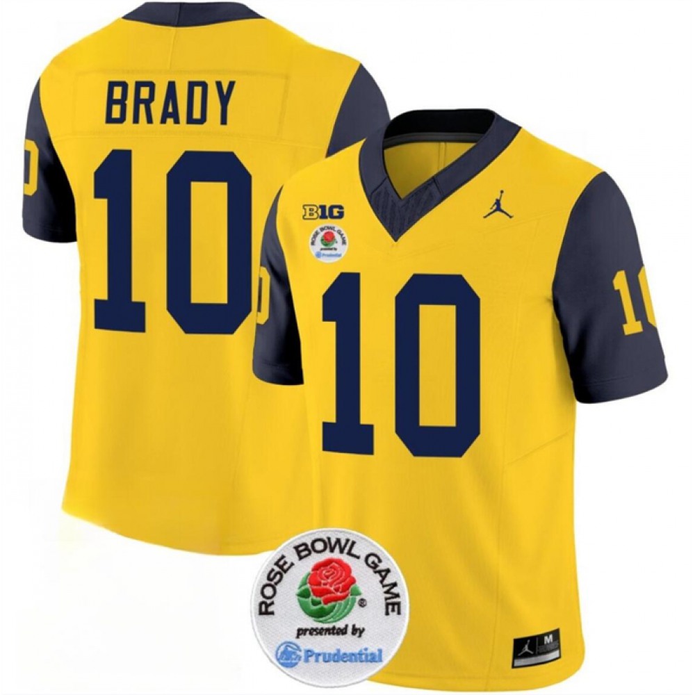 Men's Michigan Wolverines #10 Tom Brady 2023 F.U.S.E. Yellow/Navy Rose Bowl Patch Stitched Jersey 1