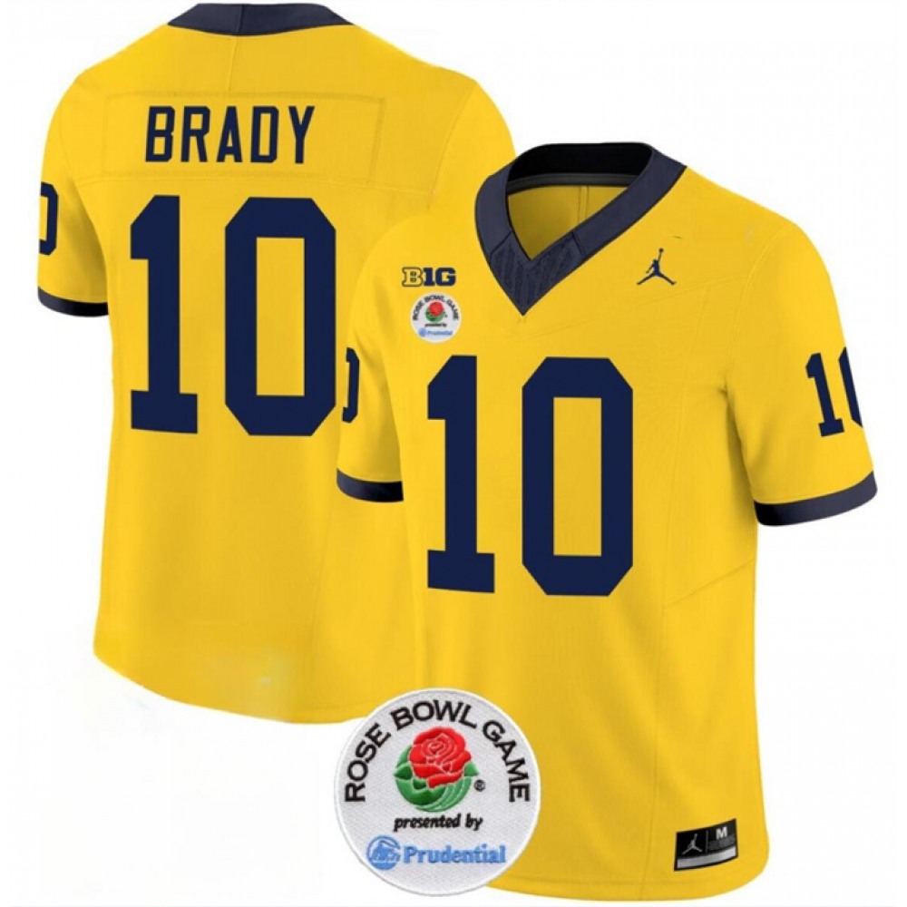 Men's Michigan Wolverines #10 Tom Brady 2023 F.U.S.E. Yellow Rose Bowl Patch Stitched Jersey 1