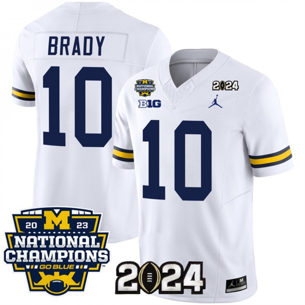 Men's Michigan Wolverines #10 Tom Brady White 2024 F.U.S.E. With 2023 National Champions Patch Stitched Jersey 1
