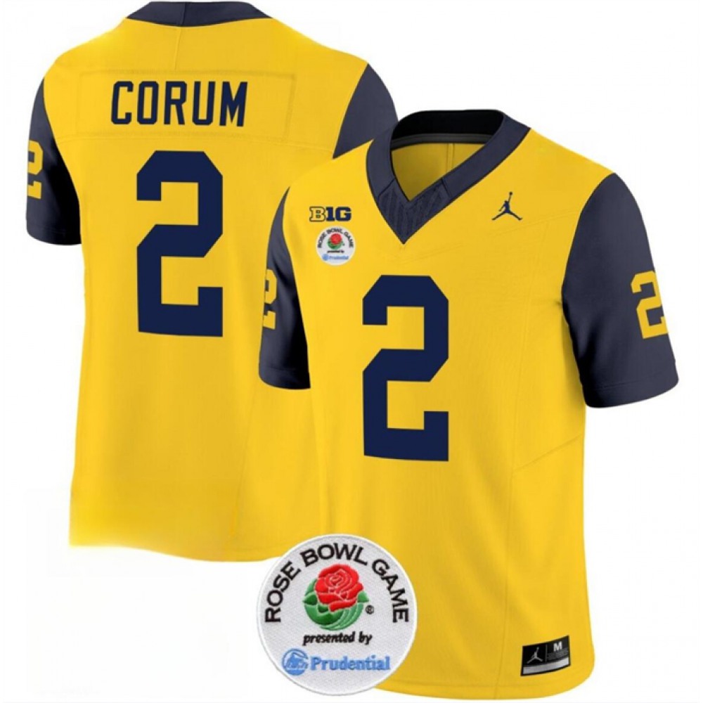 Men's Michigan Wolverines #2 Blake Corum 2023 F.U.S.E. Yellow/Navy Rose Bowl Patch Stitched Jersey 1