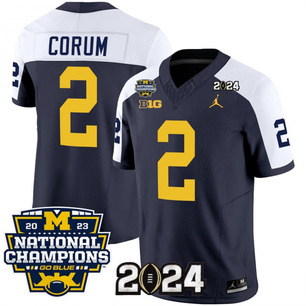 Men's Michigan Wolverines #2 Blake Corum Navy/White 2024 F.U.S.E. With 2023 National Champions Patch Stitched Jersey 1
