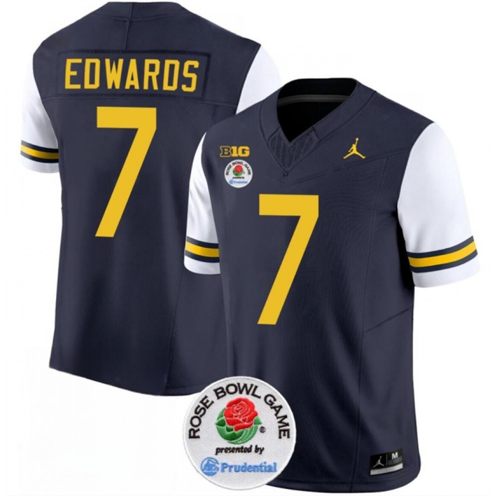 Men's Michigan Wolverines #7 Donovan Edwards 2023 F.U.S.E. Navy/White Rose Bowl Patch Stitched Jersey 1