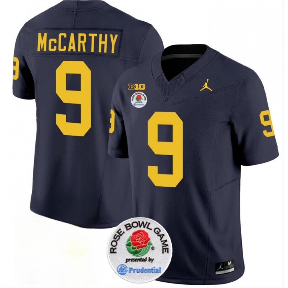 Men's Michigan Wolverines #9 J.J. McCarthy 2023 F.U.S.E. Navy Blue Rose Bowl Patch Stitched Jersey 1