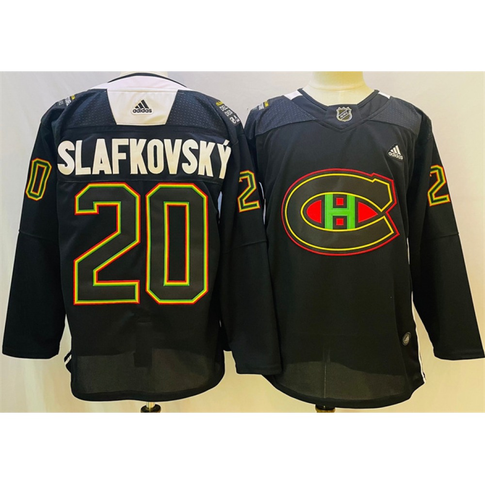 Men's Montreal Canadiens #20 Juraj Slafkovsky 2022 Black Warm Up History Night Stitched Jersey 1