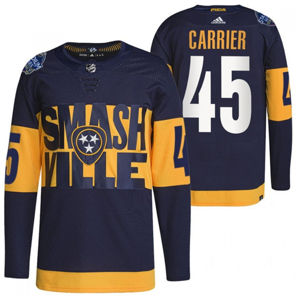 Men's Nashville Predators #45 Alexandre Carrier 2022 Navy Stadium Series Player Stitched Jersey 1