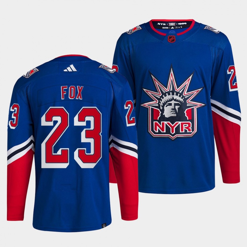 Men's New York Rangers #23 Adam Fox Blue 2022-23 Reverse Retro Stitched Jersey 1