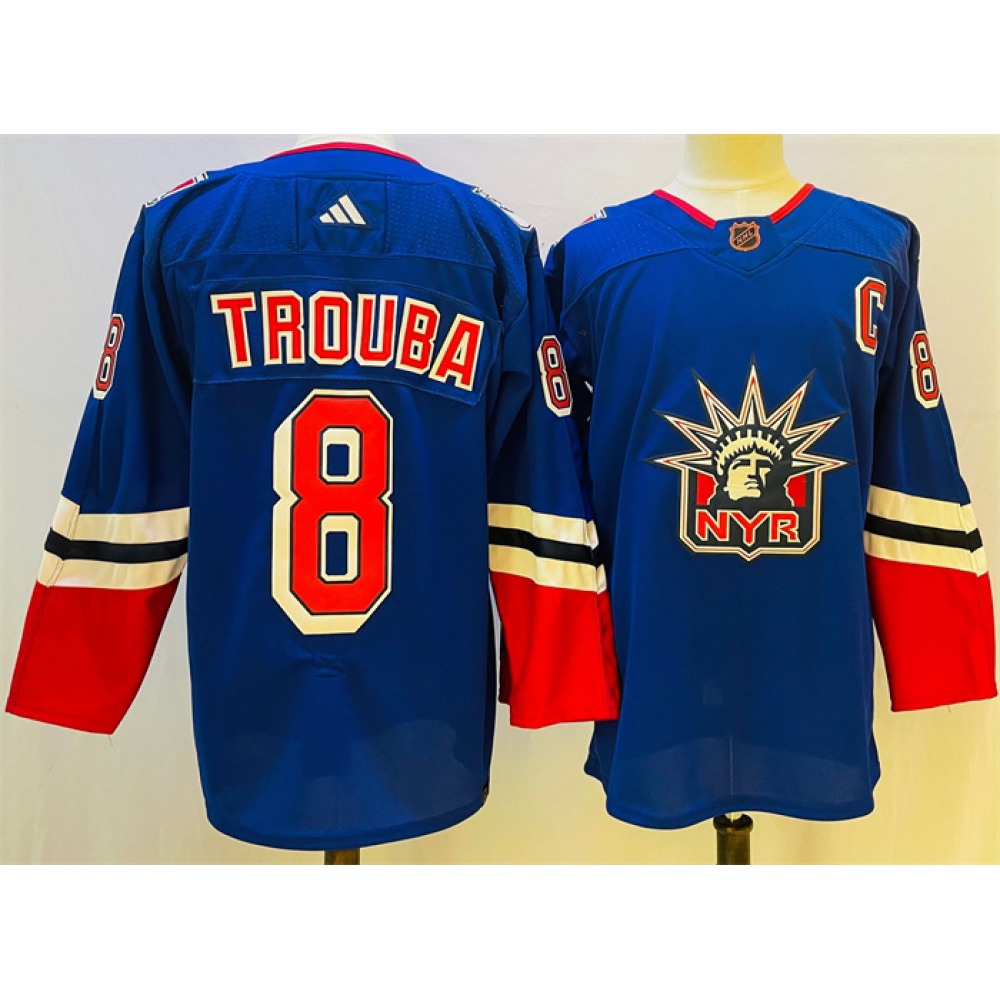 Men's New York Rangers #8 Jacob Trouba Blue 2022-23 Reverse Retro Stitched Jersey 1