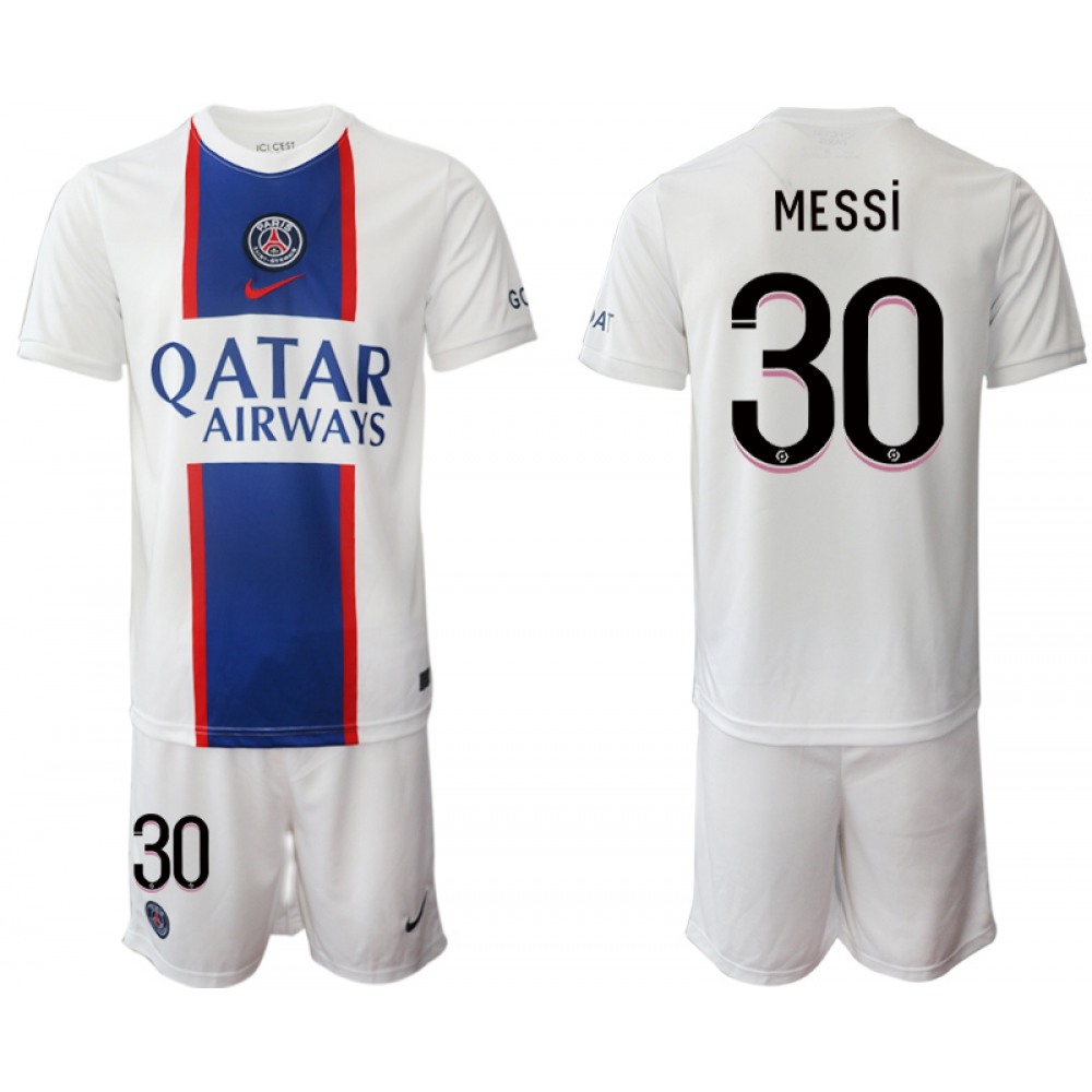 Men's Paris Saint-Germain #30 Lionel Messi 2023 White Away Soccer Jersey Suit 1