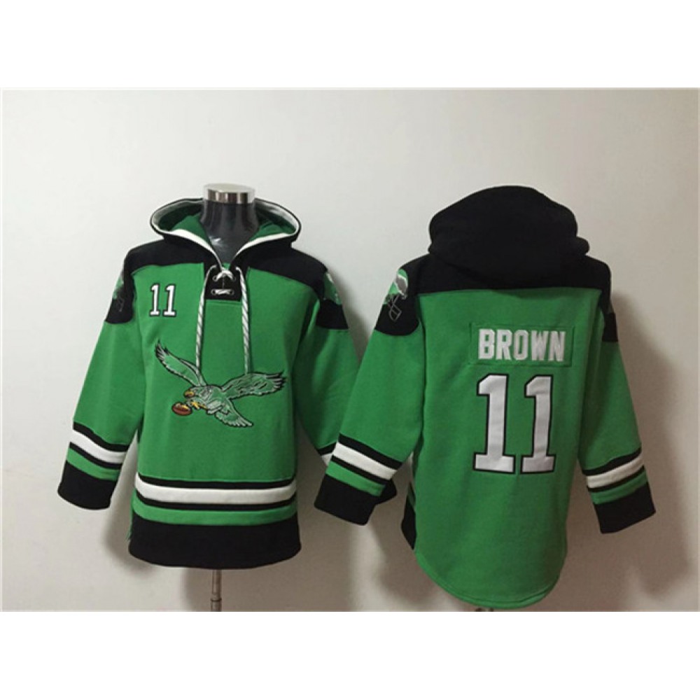 Men's Philadelphia Eagles #11 A. J. Brown Green Ageless Must-Have Lace-Up Pullover Hoodie 1