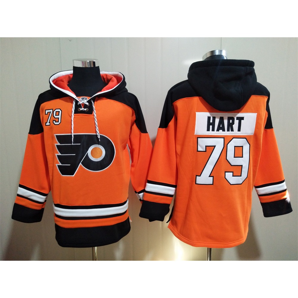 Men's Philadelphia Flyers #79 Carter Hart Orange Ageless Must-Have Lace-Up Pullover Hoodie 1