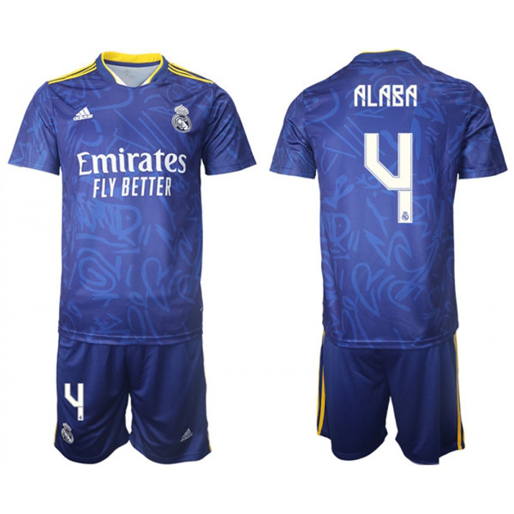 Men's Real Madrid #4 David Alaba 2021/22 Blue Away Soccer Jersey Suit 1