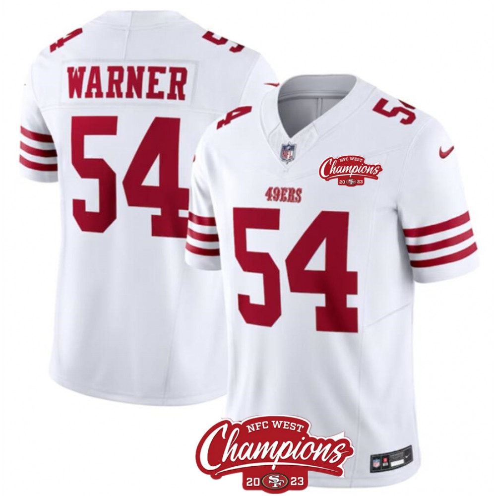 Men's San Francisco 49ers #54 Fred Warner White 2023 F.U.S.E. NFC West Champions Patch Stitched Football Jersey 1