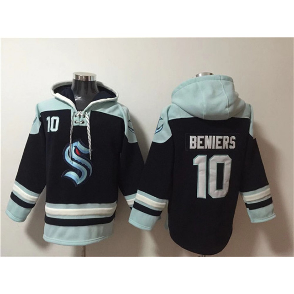 Men's Seattle Kraken #10 Matty Beniers Black Ageless Must-Have Lace-Up Pullover Hoodie 1