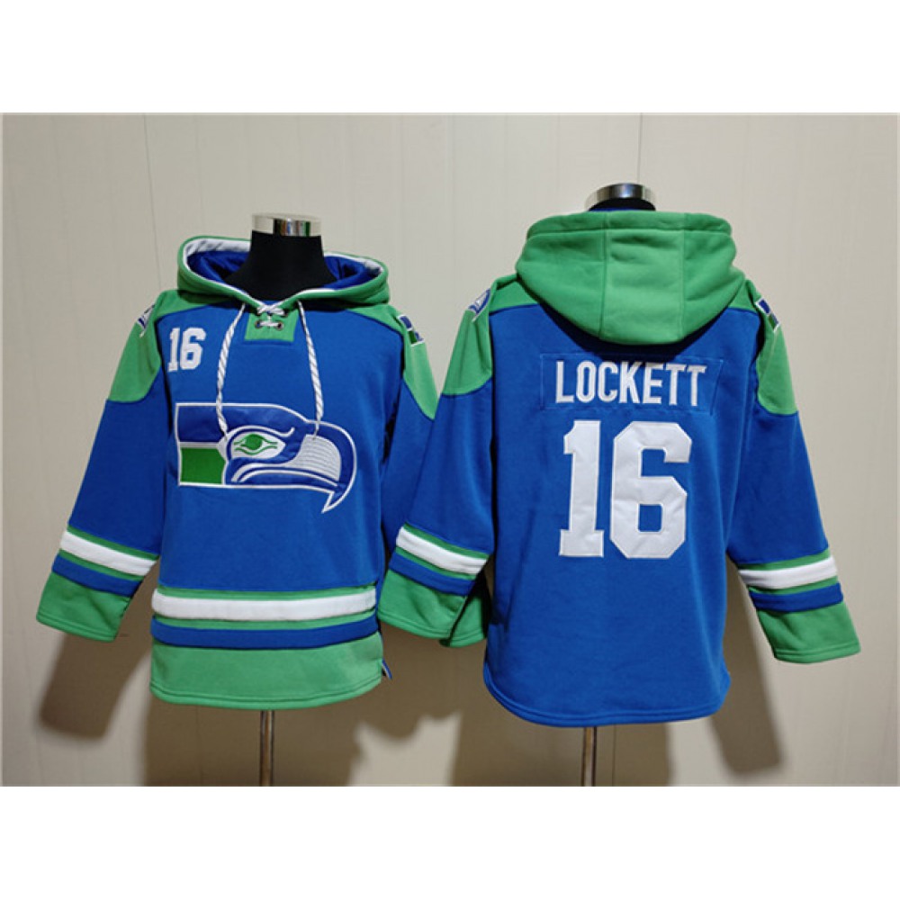 Men's Seattle Seahawks #16 Tyler Lockett Royal Ageless Must-Have Lace-Up Pullover Hoodie 1