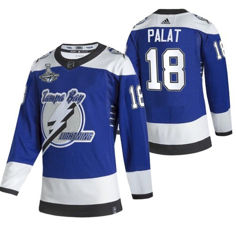 Men's Tampa Bay Lightning #18 Ondrej Palat 2021 Blue Stanley Cup Champions Reverse Retro Stitched Jersey 1