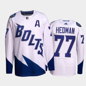 Men's Tampa Bay Lightning #77 Victor Hedman 2022 White Stadium Series Stitched Jersey