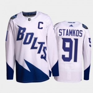 Men's Tampa Bay Lightning #91 Steven Stamkos 2022 White Stadium Series Stitched Jersey