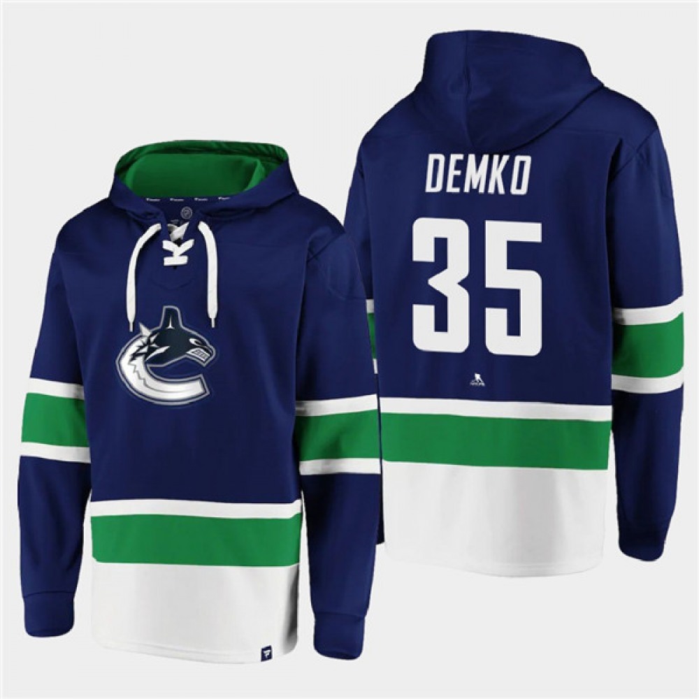 Men's Vancouver Canucks #35 Thatcher Demko Blue All Stitched Sweatshirt Hoodie 1