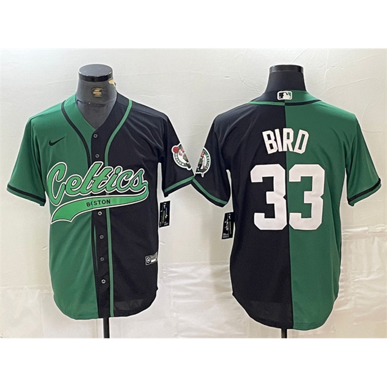 Men's Boston Celtics #33 Larry Bird Green/Black Split Stitched Baseball Jersey 1