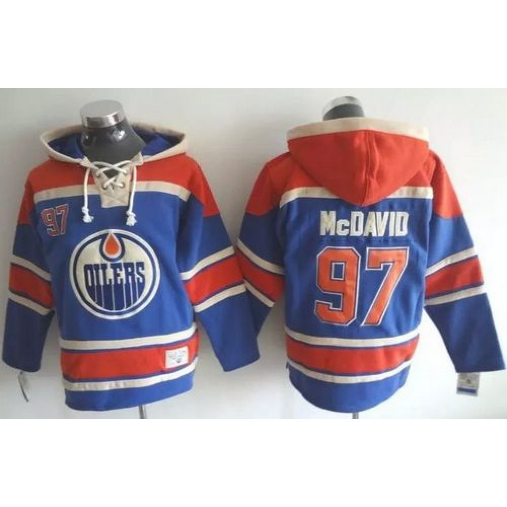 Oilers #97 Connor McDavid Light Blue Sawyer Hooded Sweatshirt Stitched NHL Jersey 1