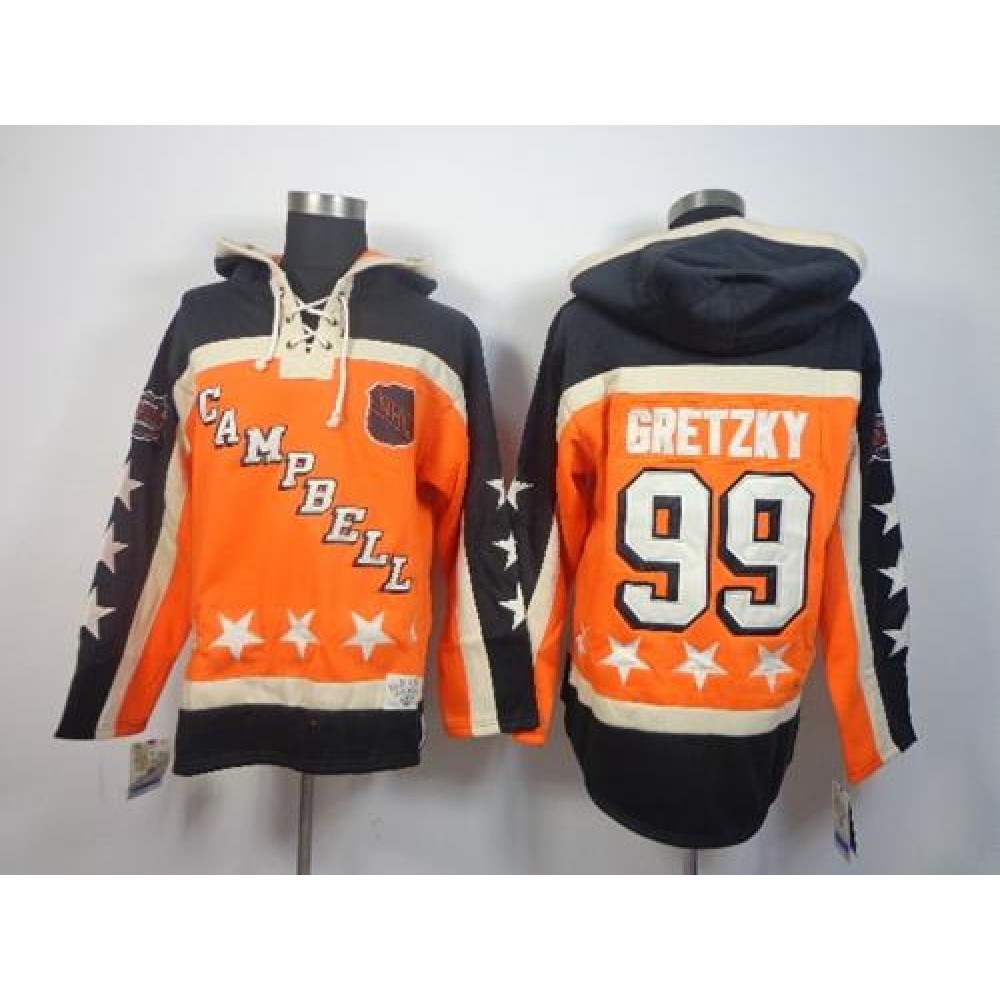 Oilers #99 Wayne Gretzky Orange All Star Sawyer Hooded Sweatshirt Stitched NHL Jersey 1