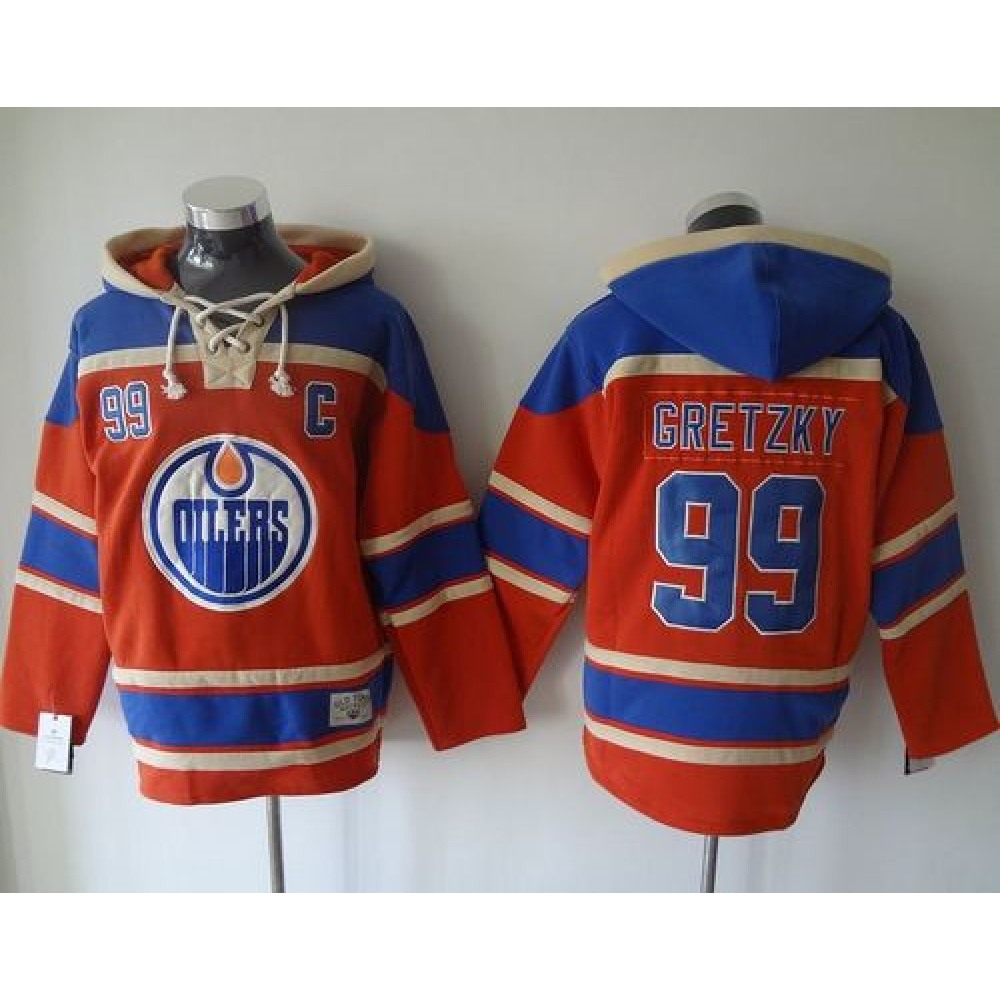 Oilers #99 Wayne Gretzky Orange Sawyer Hooded Sweatshirt Stitched NHL Jersey 1