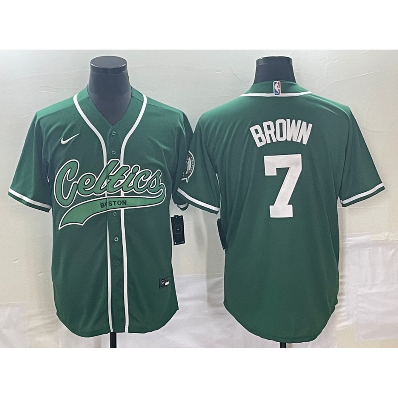 Men's Boston Celtics #7 Jaylen Brown Green Stitched Baseball Jersey 1