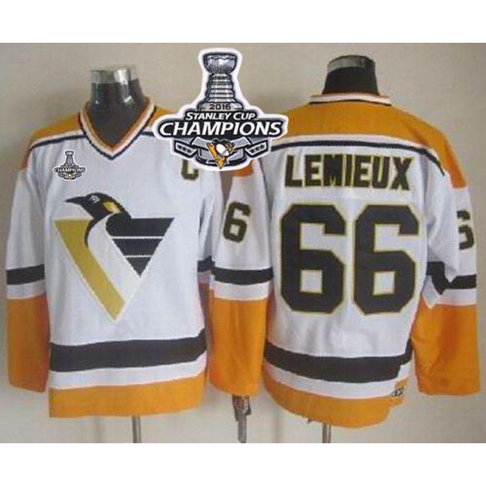 Penguins #66 Mario Lemieux White/Yellow CCM Throwback 2016 Stanley Cup Champions Stitched NHL Jersey 1