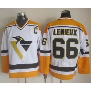 Penguins #66 Mario Lemieux White/Yellow CCM Throwback Stitched NHL Jersey