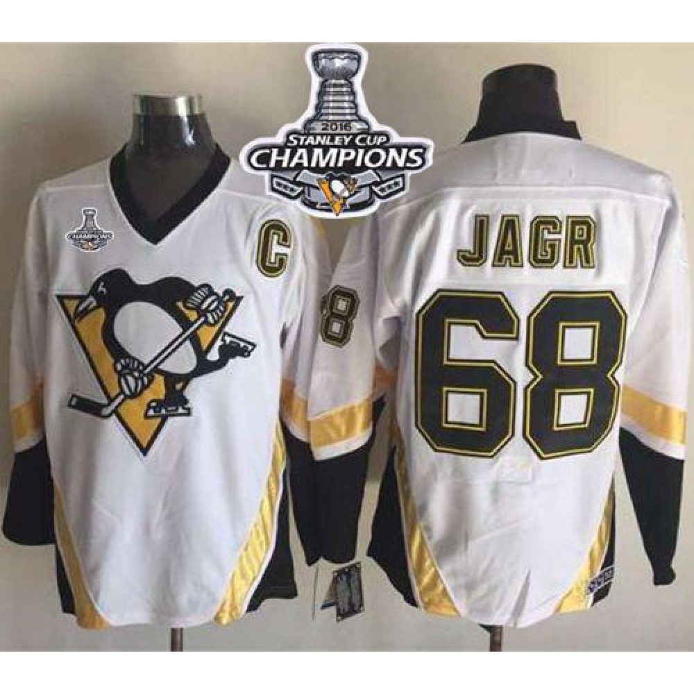 Penguins #68 Jaromir Jagr White CCM Throwback 2016 Stanley Cup Champions Stitched NHL Jersey 1