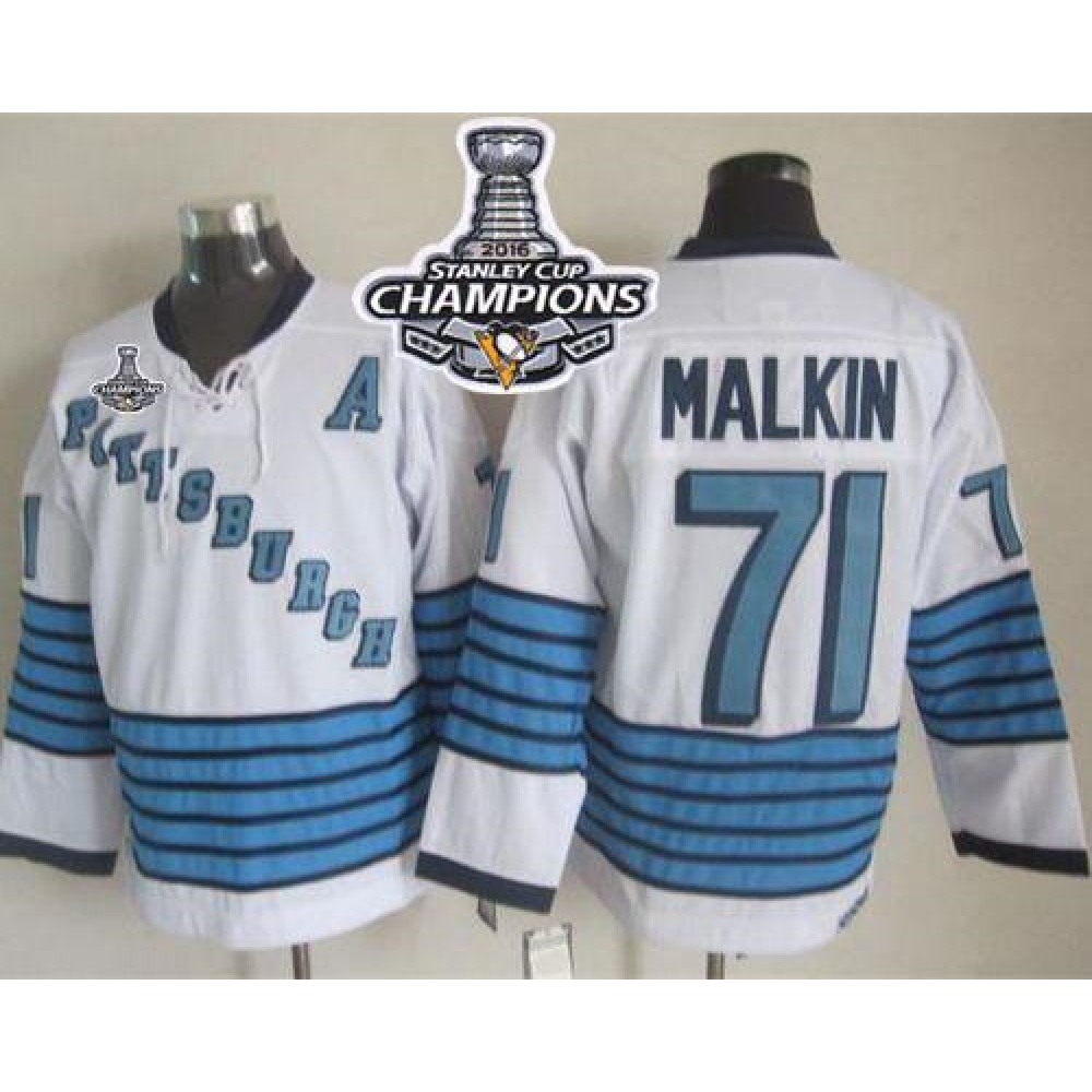 Penguins #71 Evgeni Malkin White/Light Blue CCM Throwback 2016 Stanley Cup Champions Stitched NHL Jersey 1