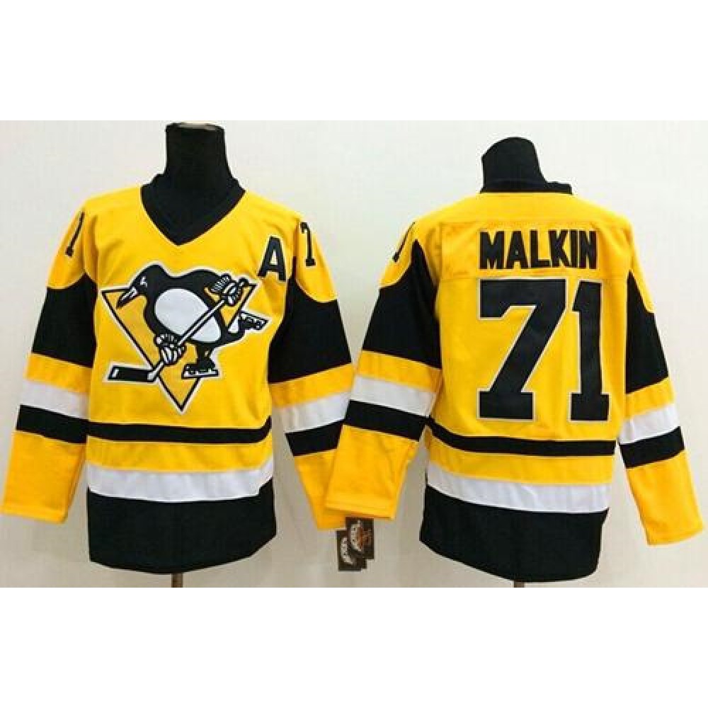 Penguins #71 Evgeni Malkin Yellow Throwback Stitched NHL Jersey 1