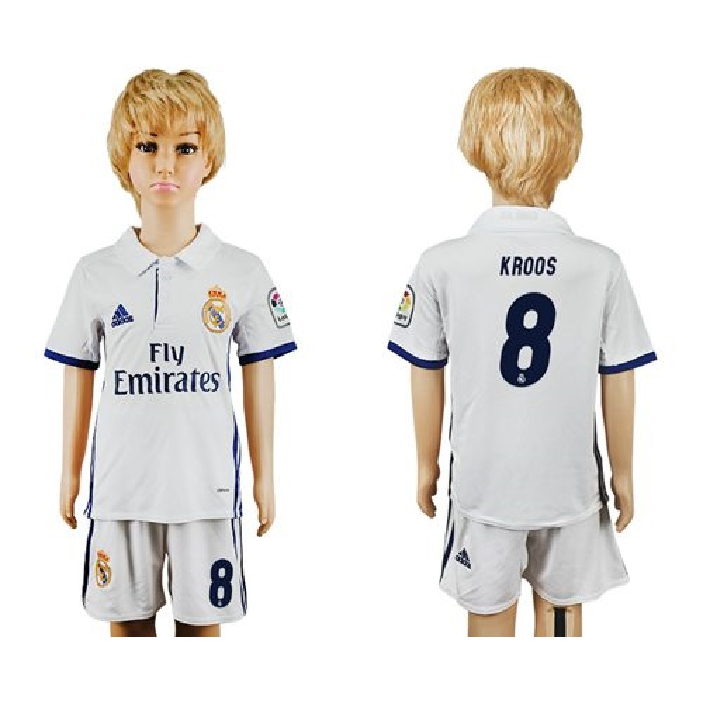 Real Madrid #8 Kroos White Home Kid Soccer Club Jersey 1