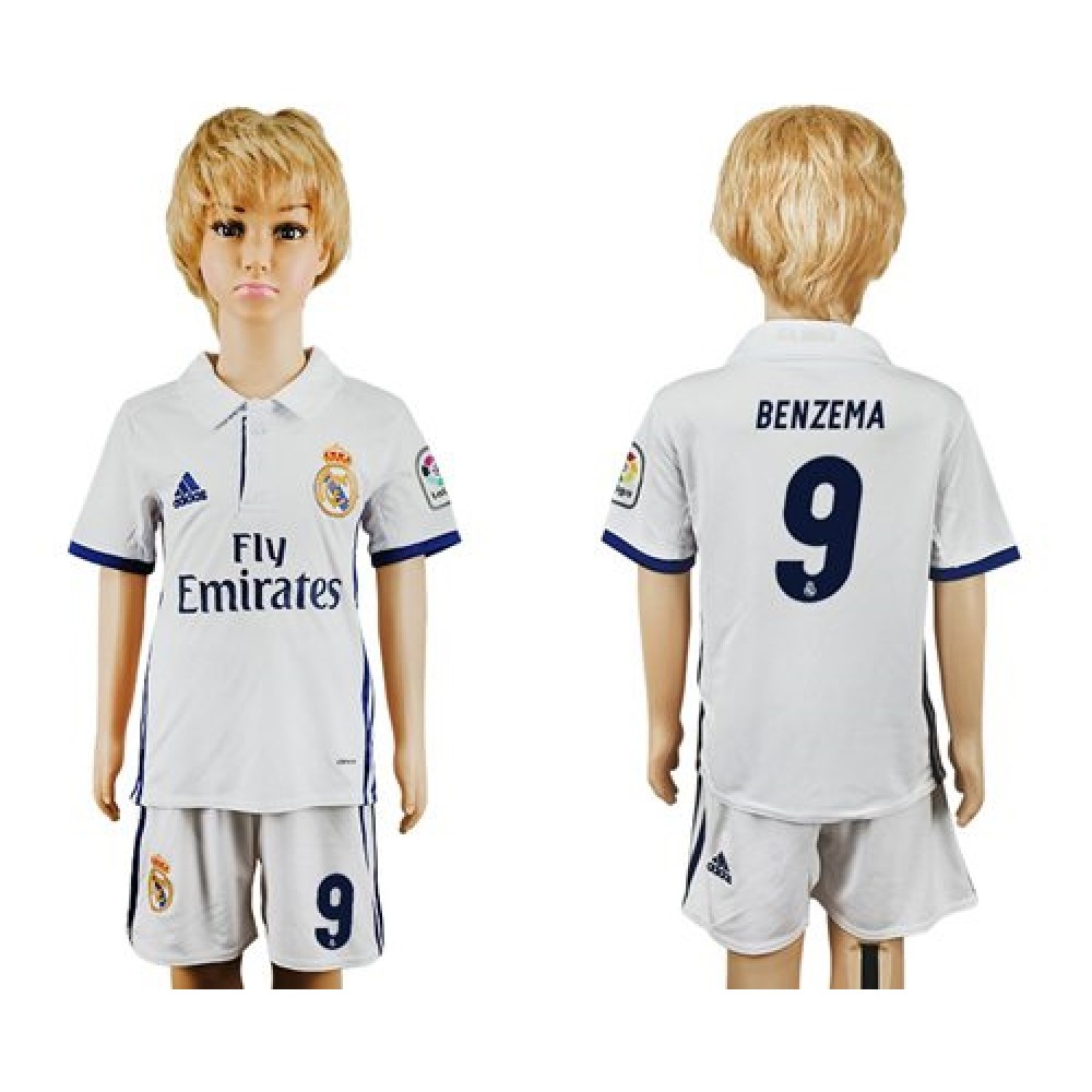 Real Madrid #9 Benzema White Home Kid Soccer Club Jersey 1