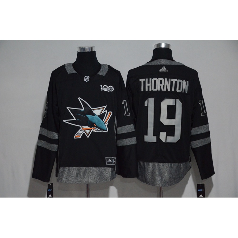 San Jose Sharks #19 Joe Thornton Black Men's 1917-2017 100th Anniversary Stitched NHL Jersey 1