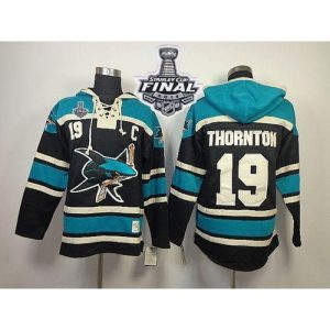 Sharks #19 Joe Thornton Black Sawyer Hooded Sweatshirt 2016 Stanley Cup Final Patch Stitched NHL Jersey