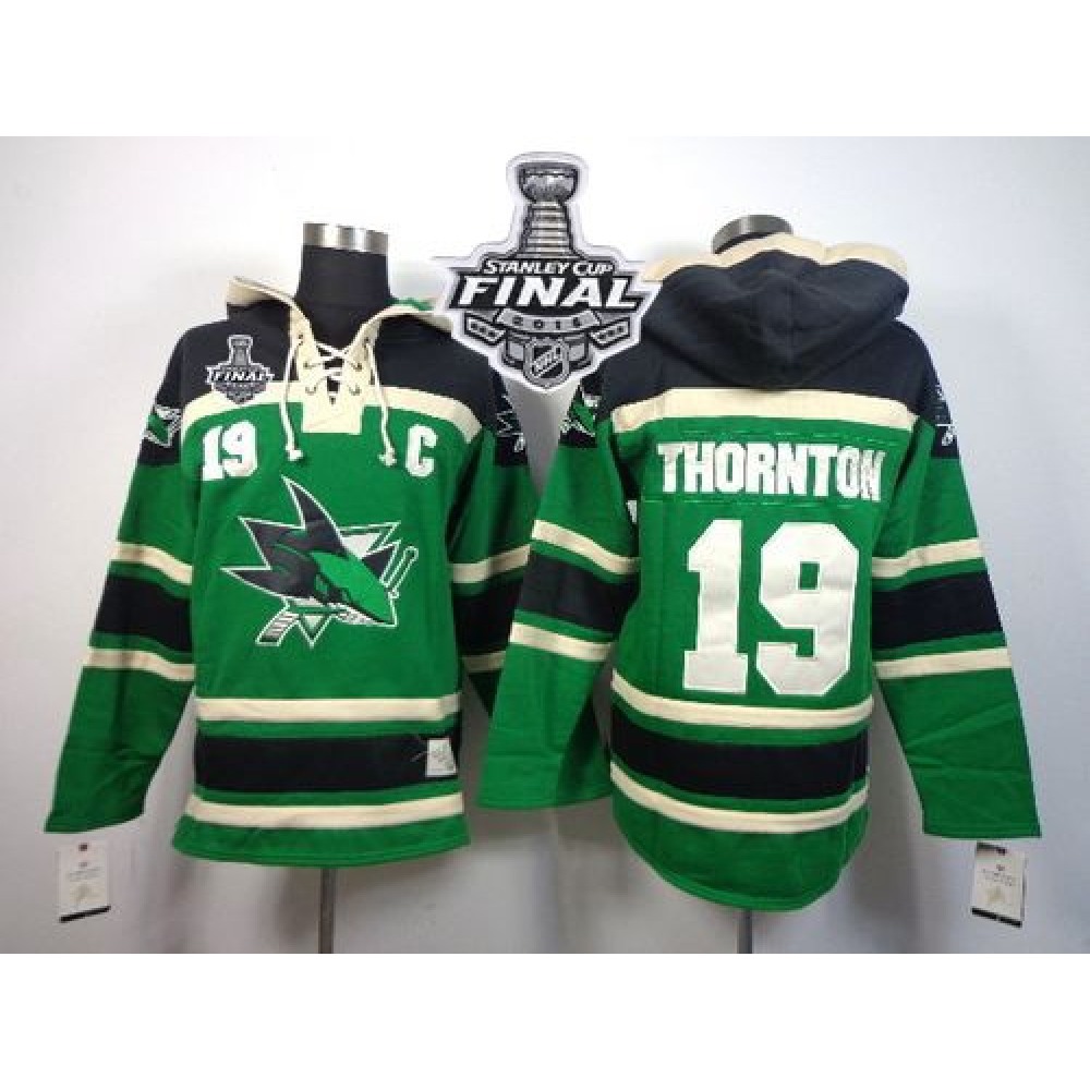 Sharks #19 Joe Thornton Green St. Patrick's Day McNary Lace Hoodie 2016 Stanley Cup Final Patch Stitched NHL Jersey 1