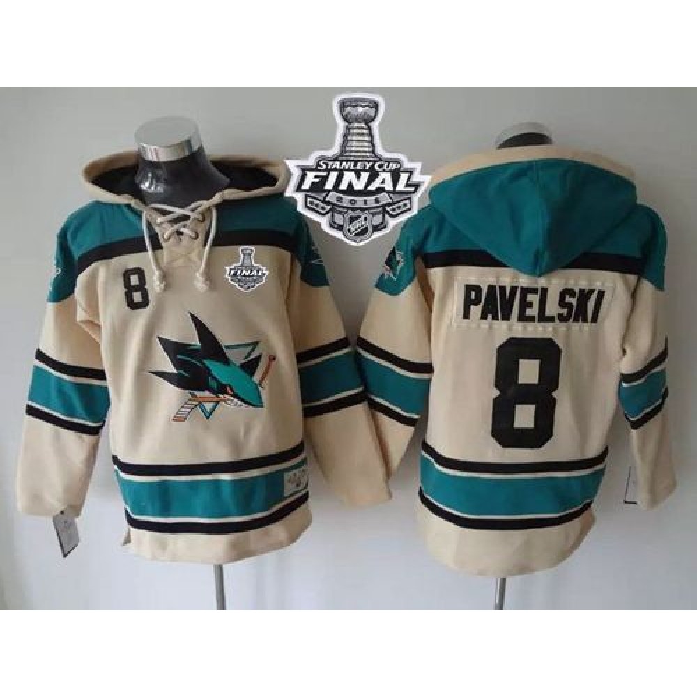 Sharks #8 Joe Pavelski Cream Sawyer Hooded Sweatshirt 2016 Stanley Cup Final Patch Stitched NHL Jersey 1