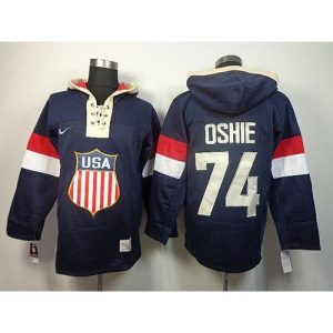Team USA Olympics #74 T. J. Oshie Navy Blue Sawyer Hooded Sweatshirt Stitched NHL Jersey