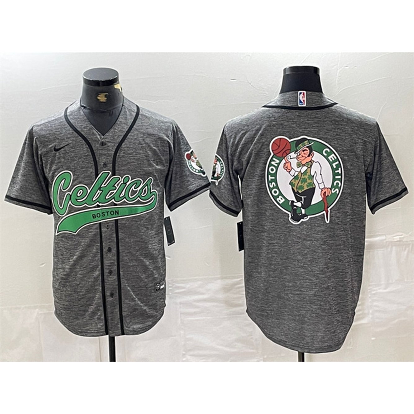 Men's Boston Celtics Gray Team Big Logo With Patch Stitched Baseball Jersey 1