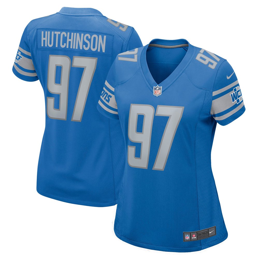 Women's Detroit Lions #97 Aidan Hutchinson Blue Game Jersey 1