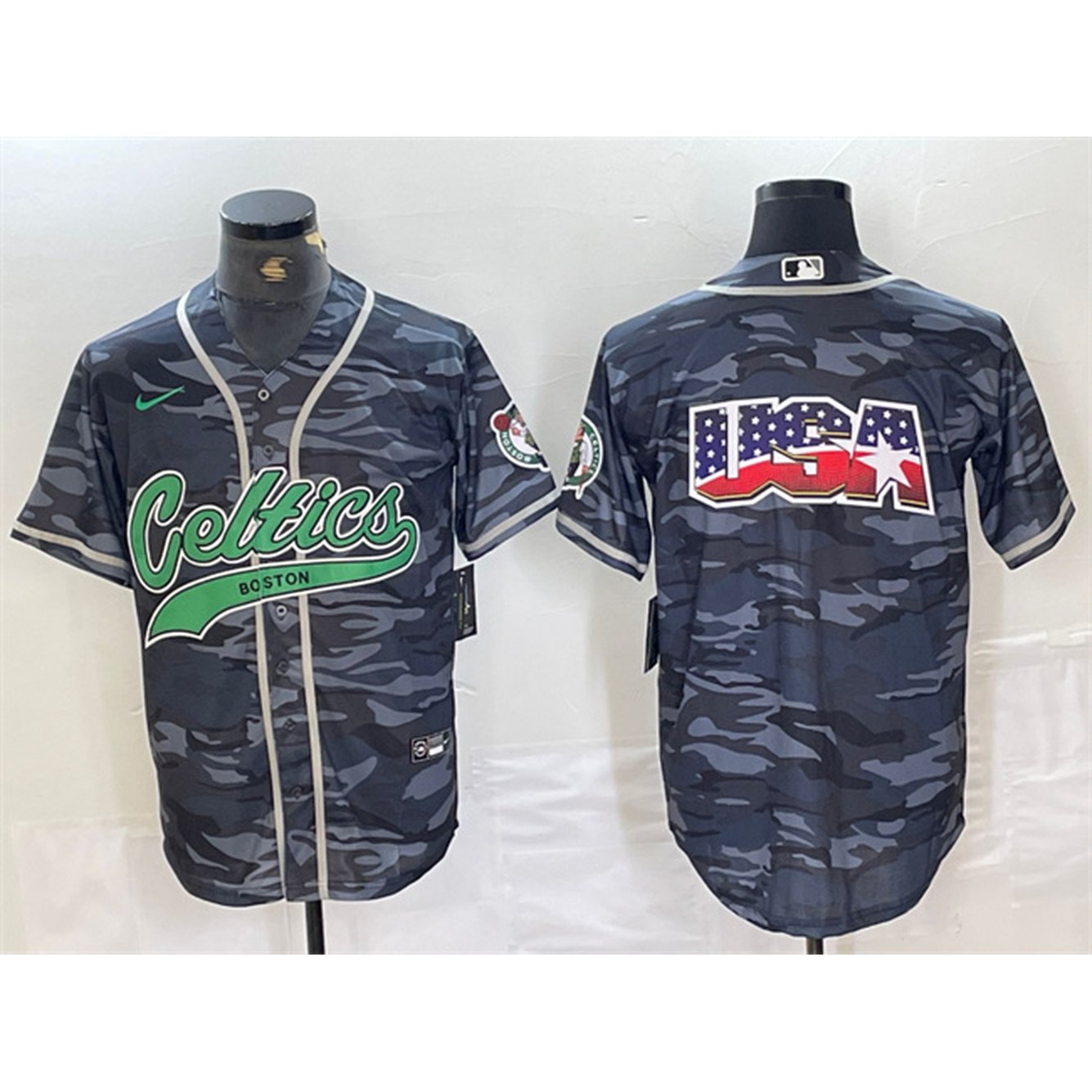 Men's Boston Celtics Gray Camo Team Big Logo With Patch Stitched Baseball Jersey 1