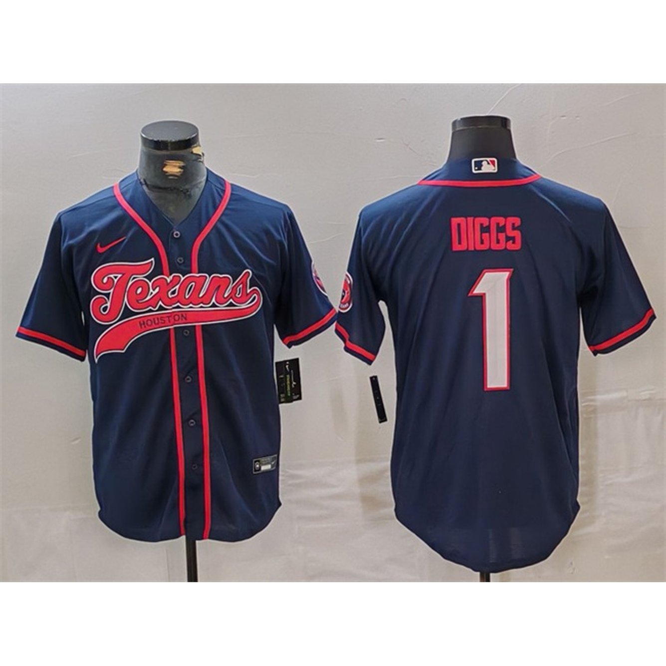Men's Houston Texans #1 Stefon Diggs Navy With Patch Cool Base Stitched Baseball Jersey 1