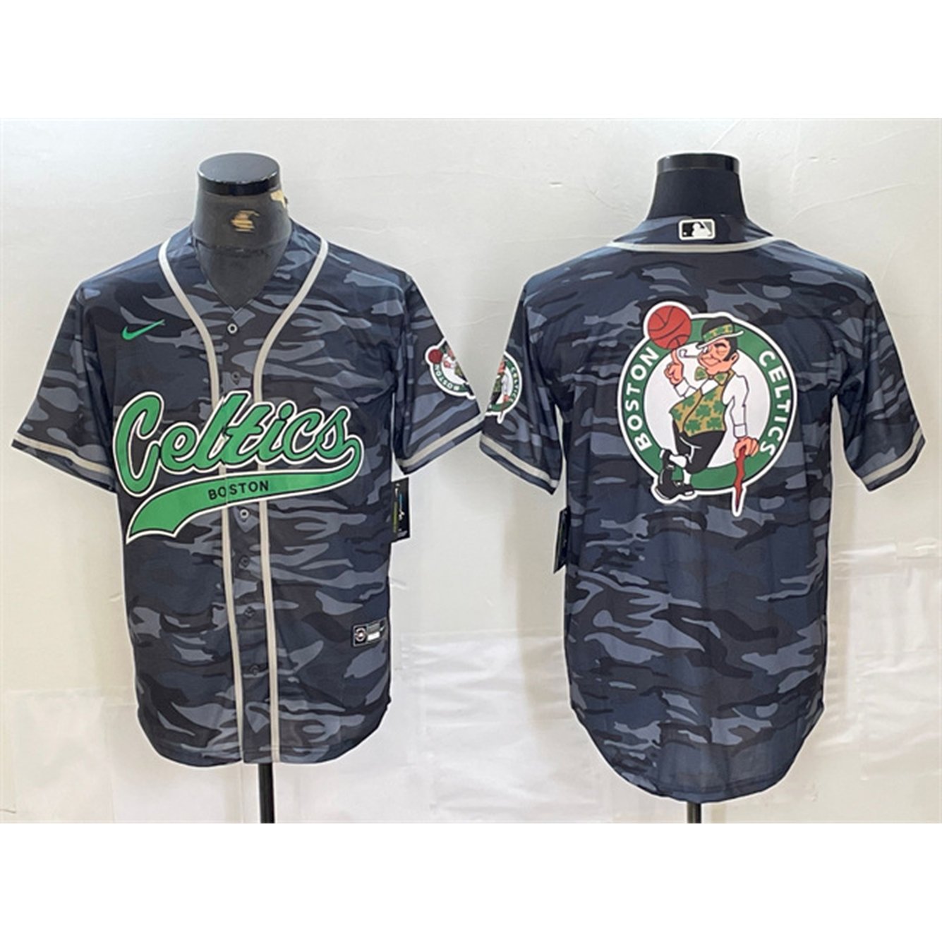 Men's Boston Celtics Gray Camo Team Big Logo With Patch Stitched Baseball Jersey 1