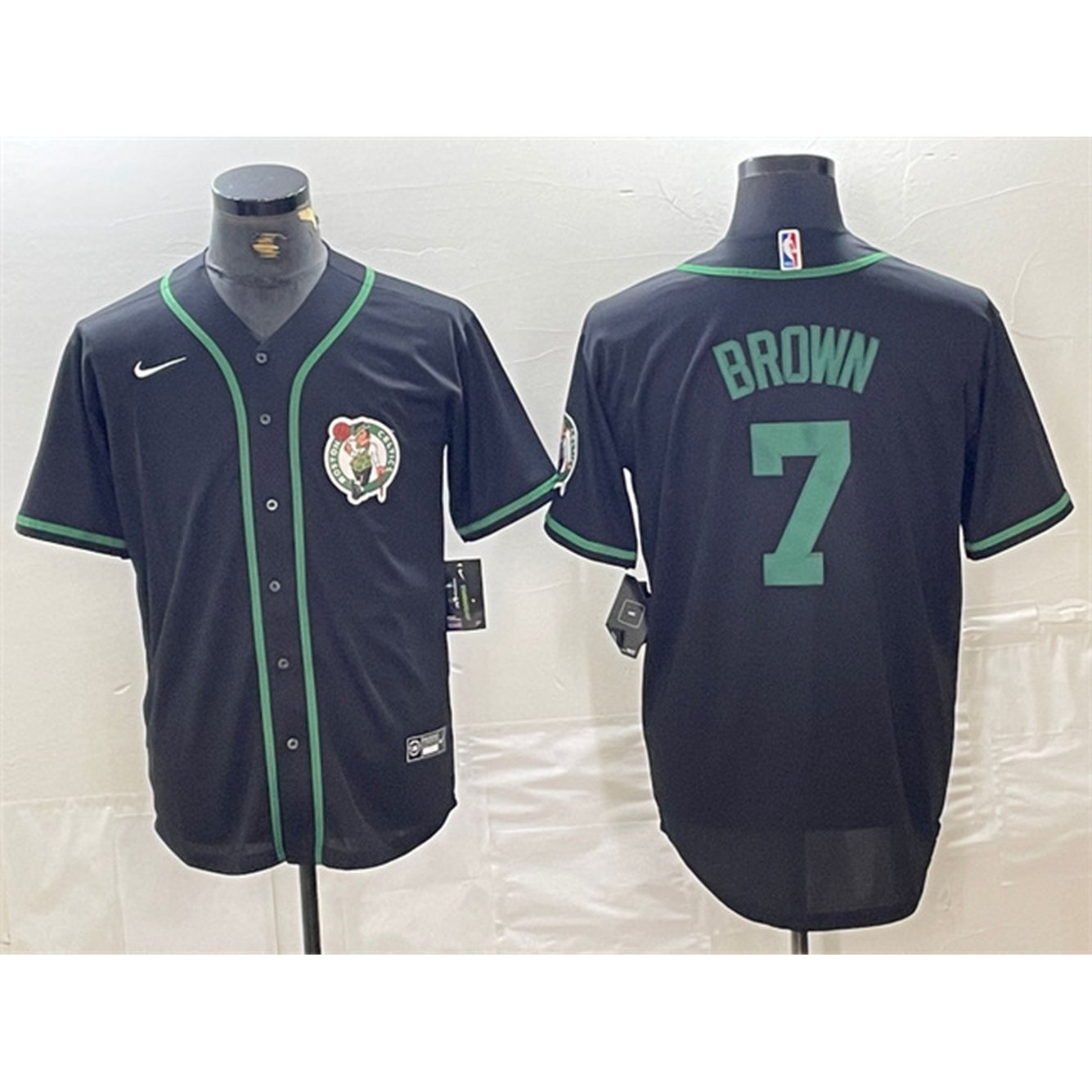 Men's Boston Celtics #7 Jaylen Brown Black With Patch Stitched Baseball Jersey 1