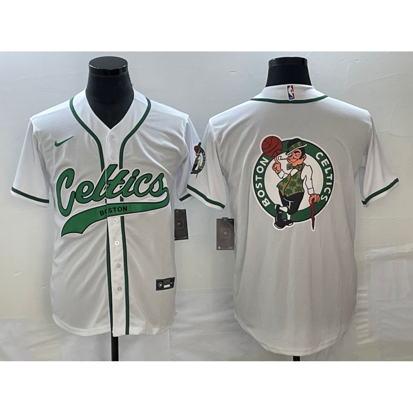 Men's Boston Celtics White Team Big Logo With Patch Stitched Baseball Jersey 1