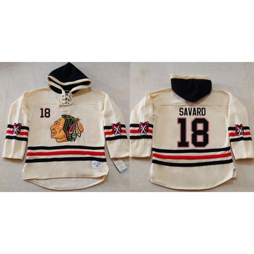 Blackhawks #18 Denis Savard Cream Heavyweight Pullover Hoodie Stitched NHL Jersey 1